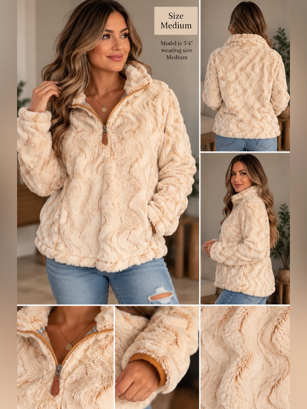 Simply Southern Fuzzy Sherpa Quarter Zip Pullover Cream & Brown Medium